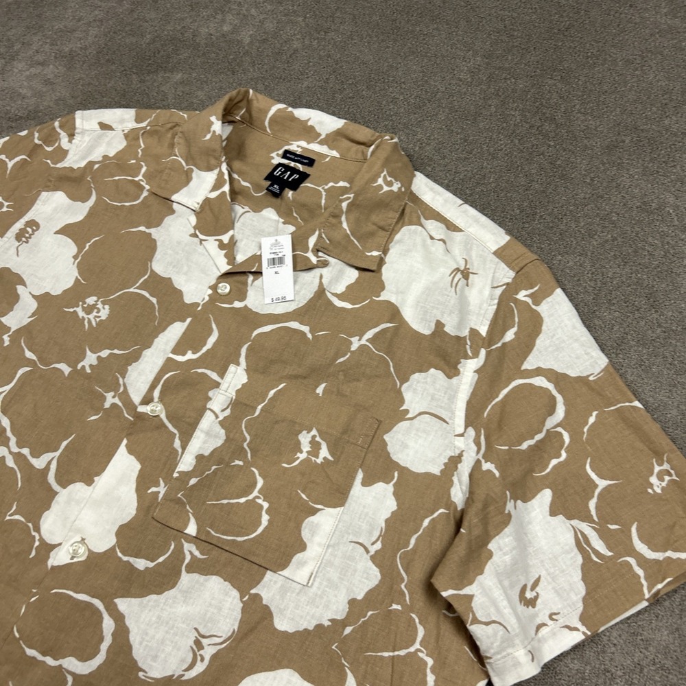 New GAP Shirt Men XL Linen Blend Loop Collar Button Up Brown Floral Summer Beach